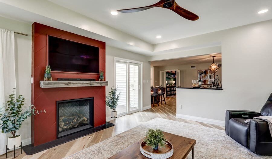 Fireplace accent color in Lancaster pa sunroom remodel