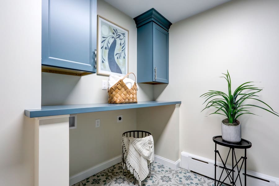 Lancaster Laundry Room Remodel with blue cabinets