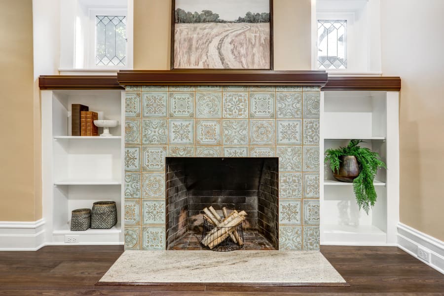 custom built ins in Lancaster living room remodel fireplace