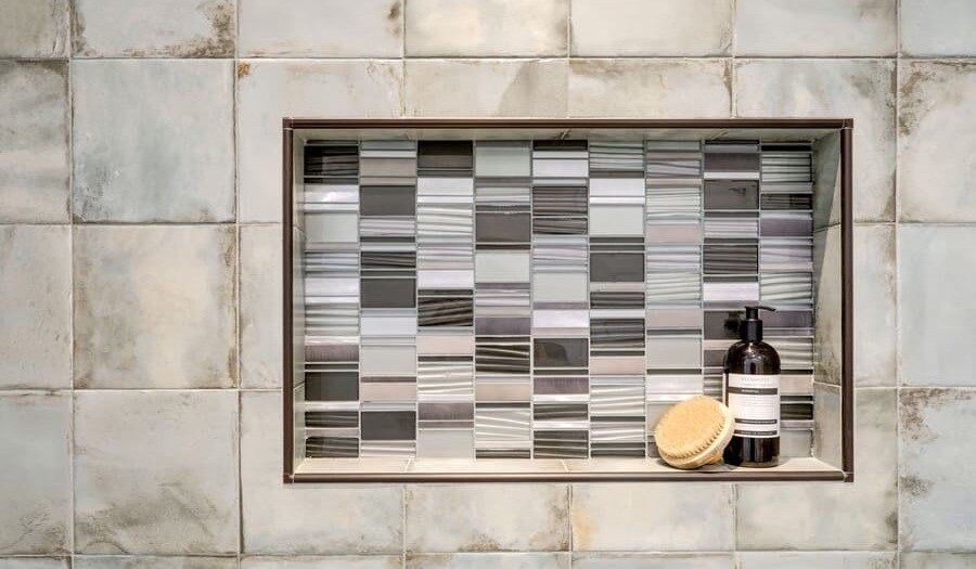 Shower tiles and shower niche in lancaster bathroom remodel