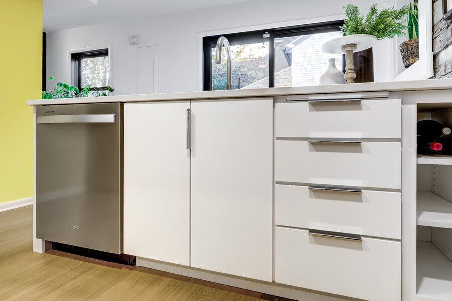 Modern white cabinets with stainless steel appliances Lancaster Historic Kitchen Remodel