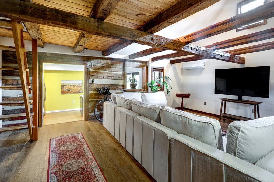 Lancaster Historic home remodel living room with exposed beams