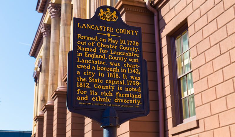 Historical marker sign in Lancaster, PA