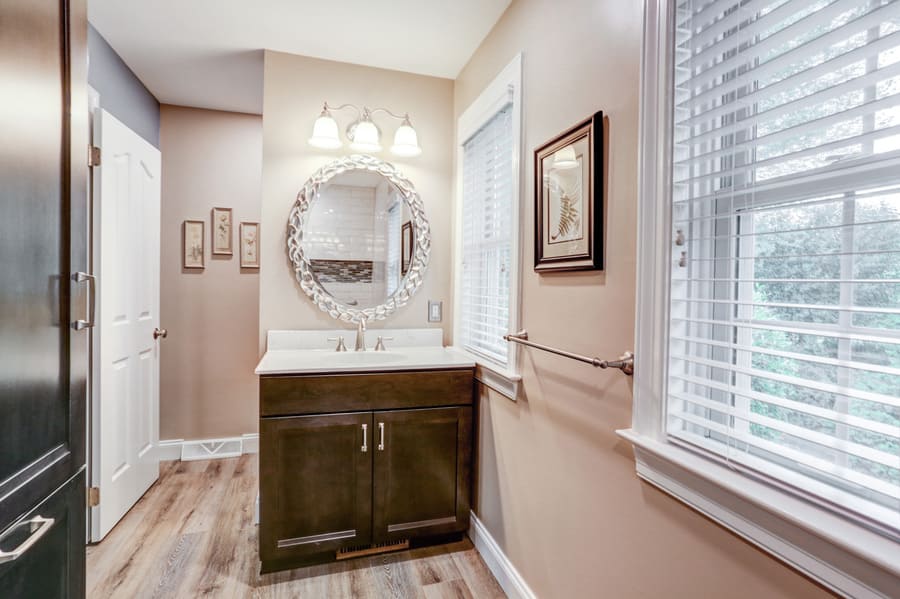 Vanity with round mirror in Lancaster PA bathroom remodel