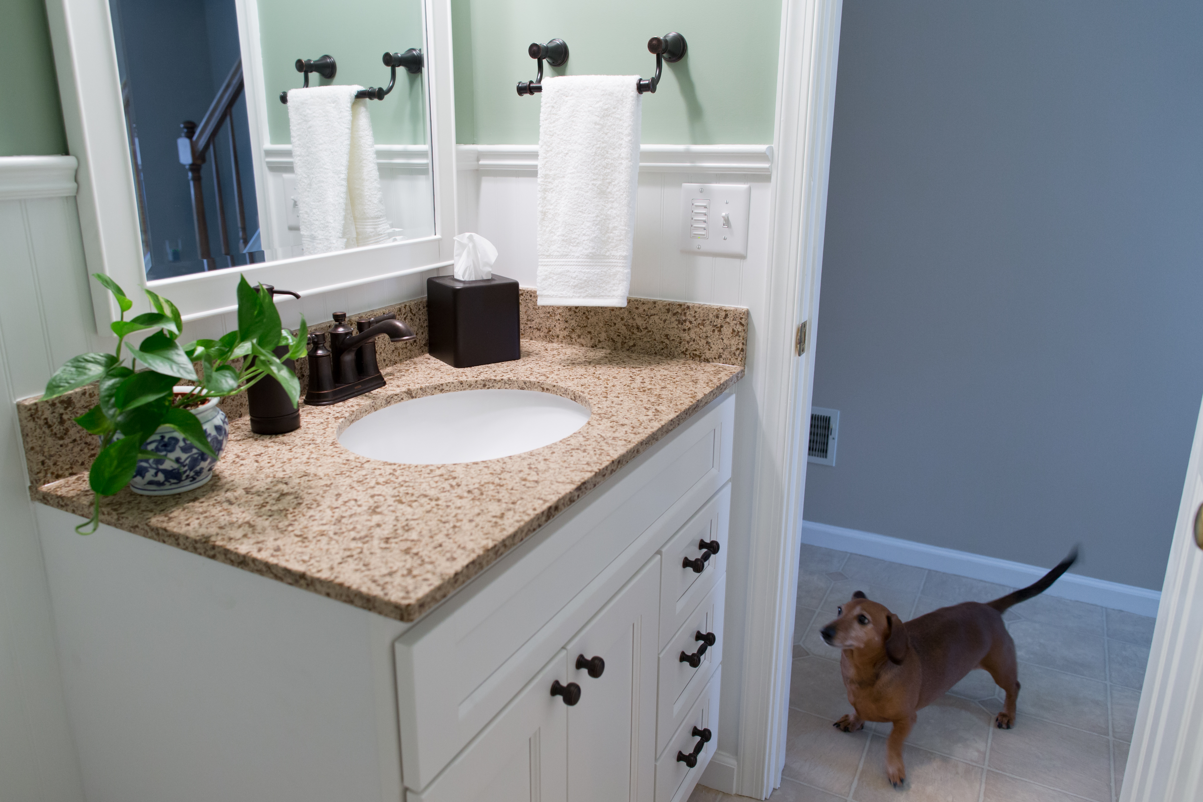 White Cabinet vanity and beige marble countertop in Ephrata Powder Room Remodel