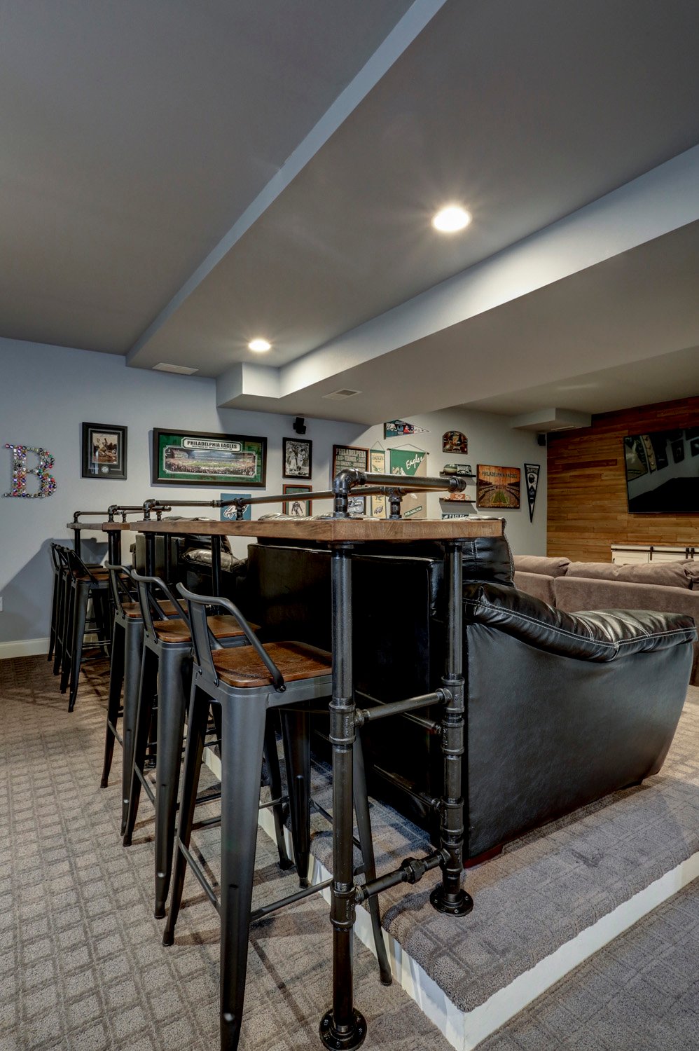 Industrial Style Bar seating in Lititz Basement Remodel