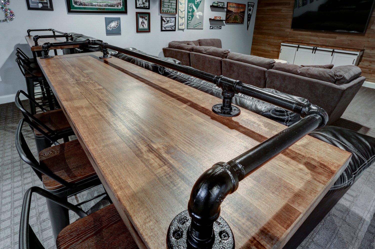 Industrial bar top with butcher block in Lititz Basement Remodel