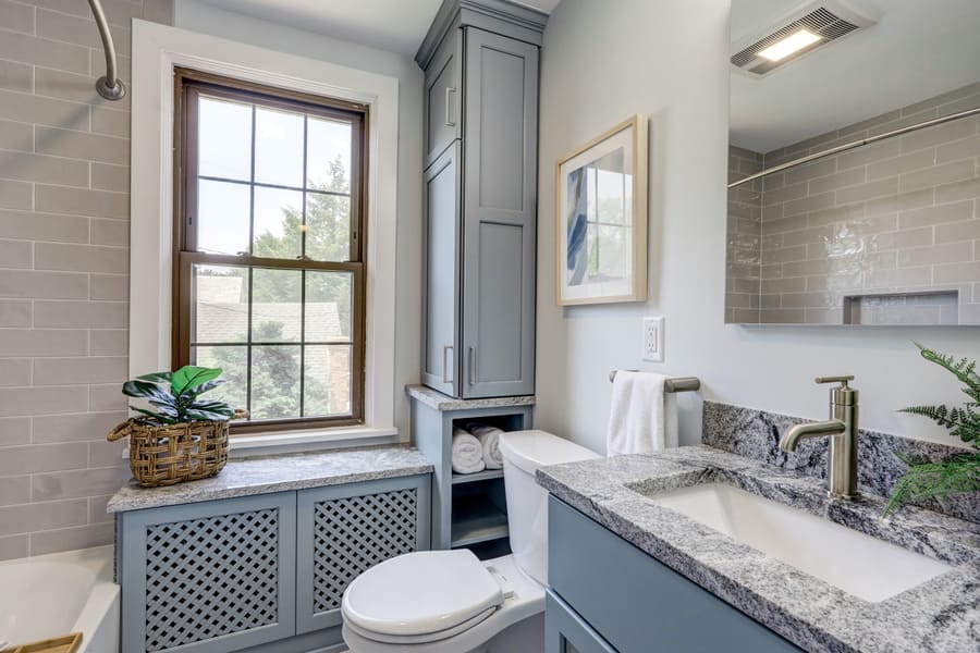 Lancaster Bathroom Remodel with blue cabinets