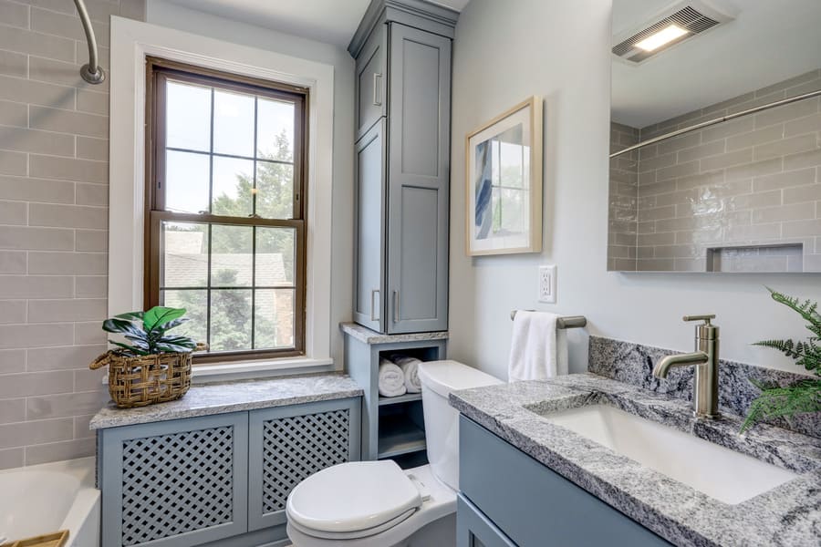 Lancaster Bathroom remodel with blue cabinets