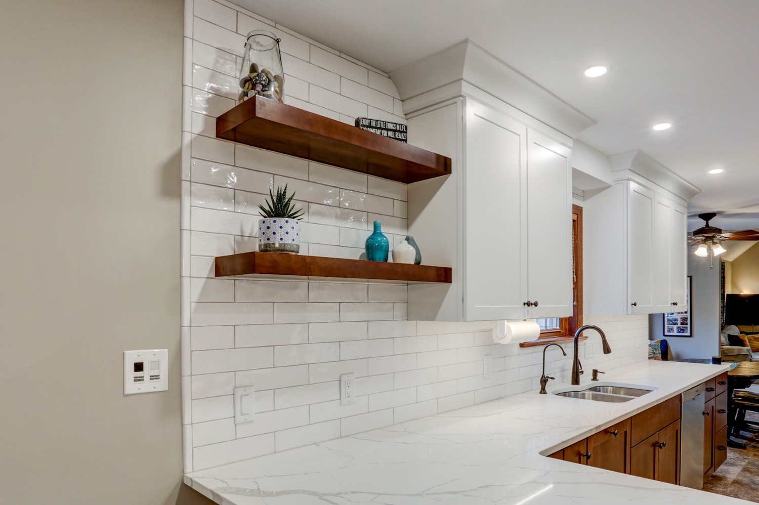 Open Air Shelves on Tile Backsplash in Lancaster Kitchen Remodel