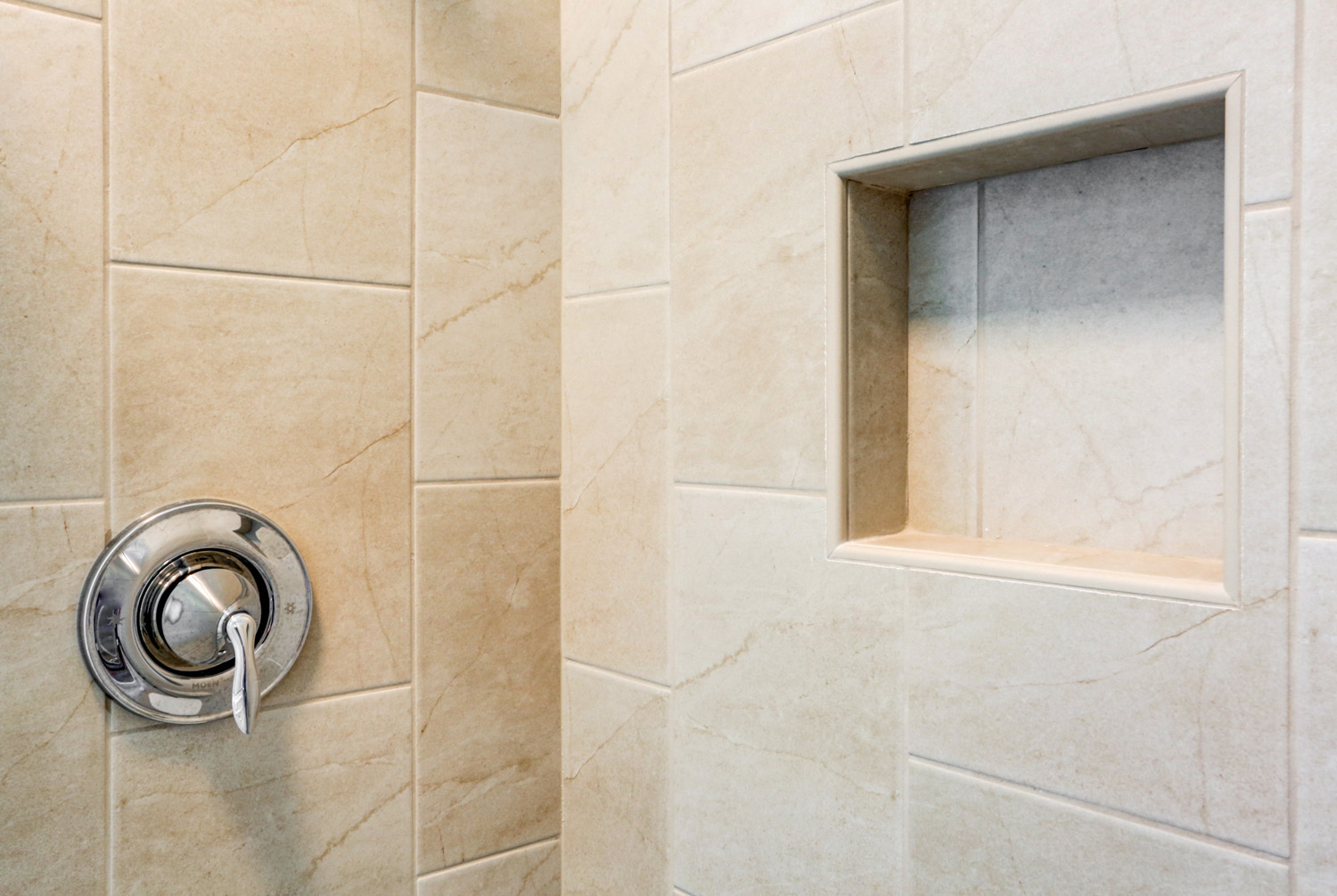 Ceramic Tile Shower walls with chrome accessories in Landisville Bathroom Remodel