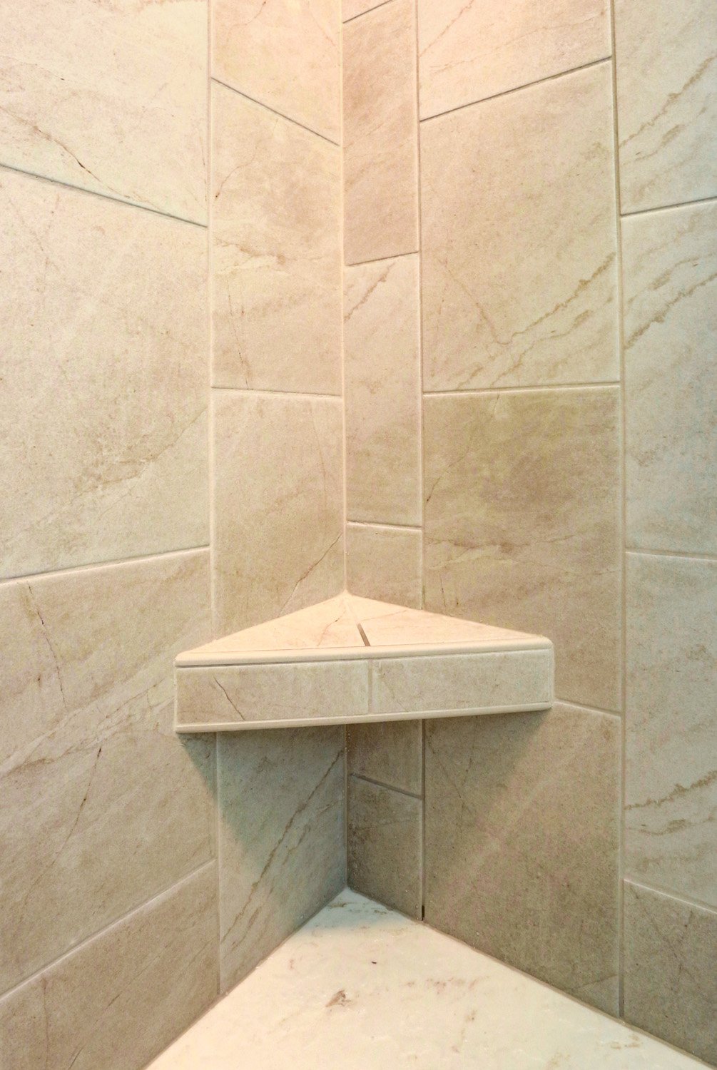 Tile shower walls with shelf in Landisville Bathroom Remodel