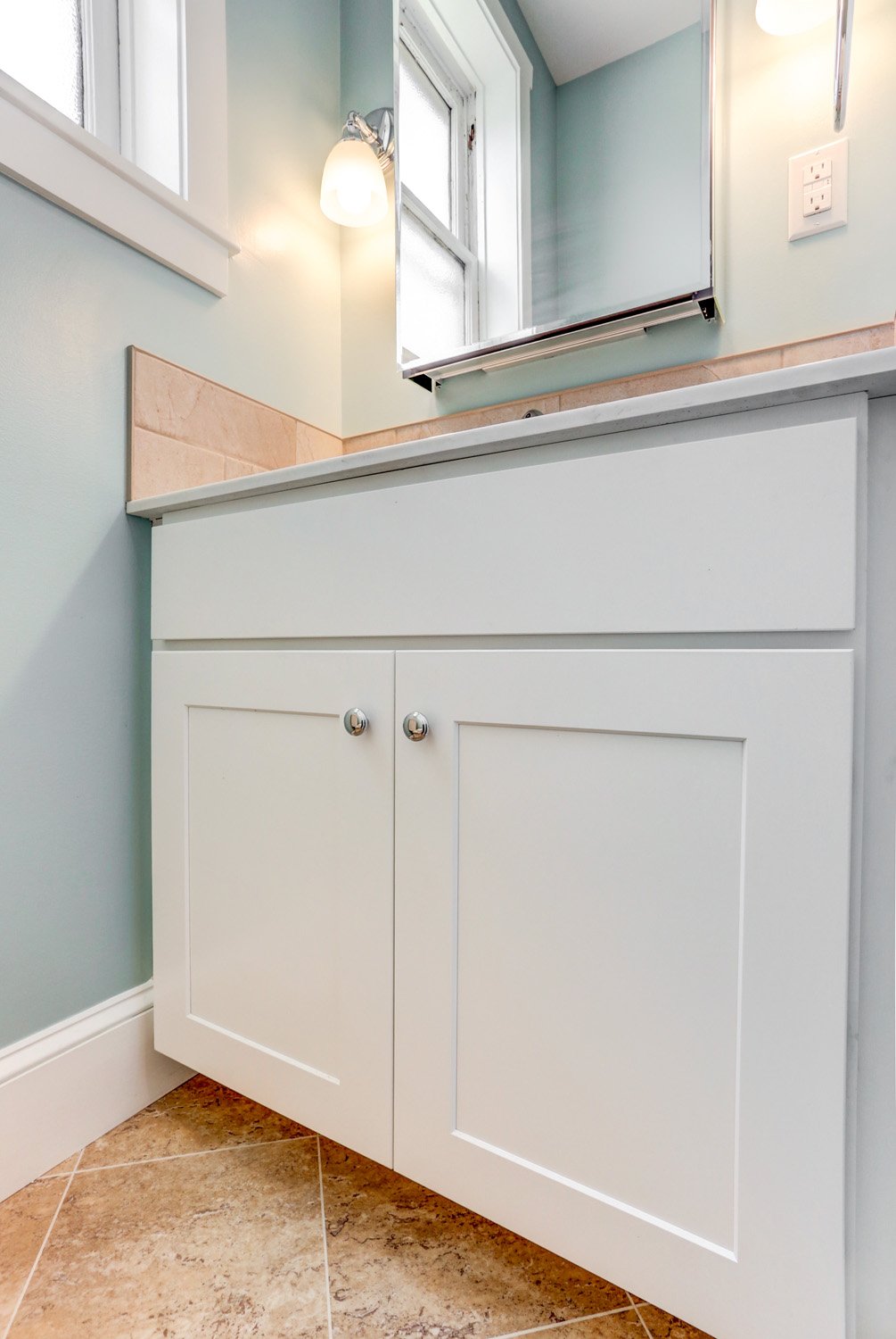 White Vanity Cabinets in Landisville Bathroom Remodel
