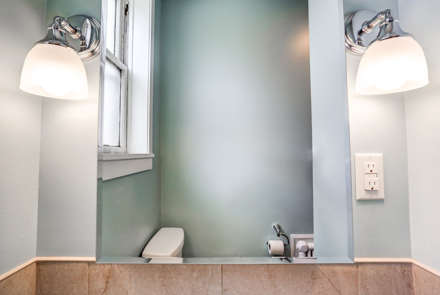 Medicine Cabinet mirror with chrome Wall sconces in Landisville Bathroom Remodel