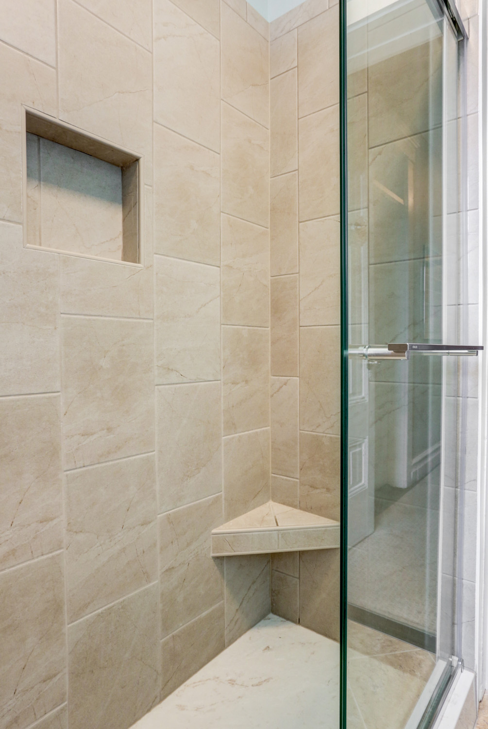 Tile shower walls with built in shelf in Landisville Bathroom Remodel