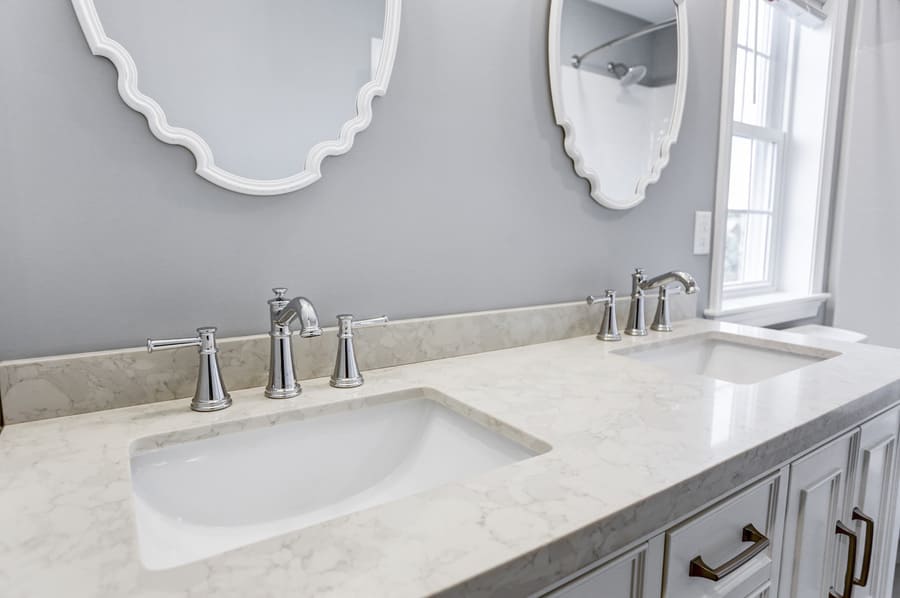 Double sink vanity with marble countertops in Leola Master Bathroom Addition 