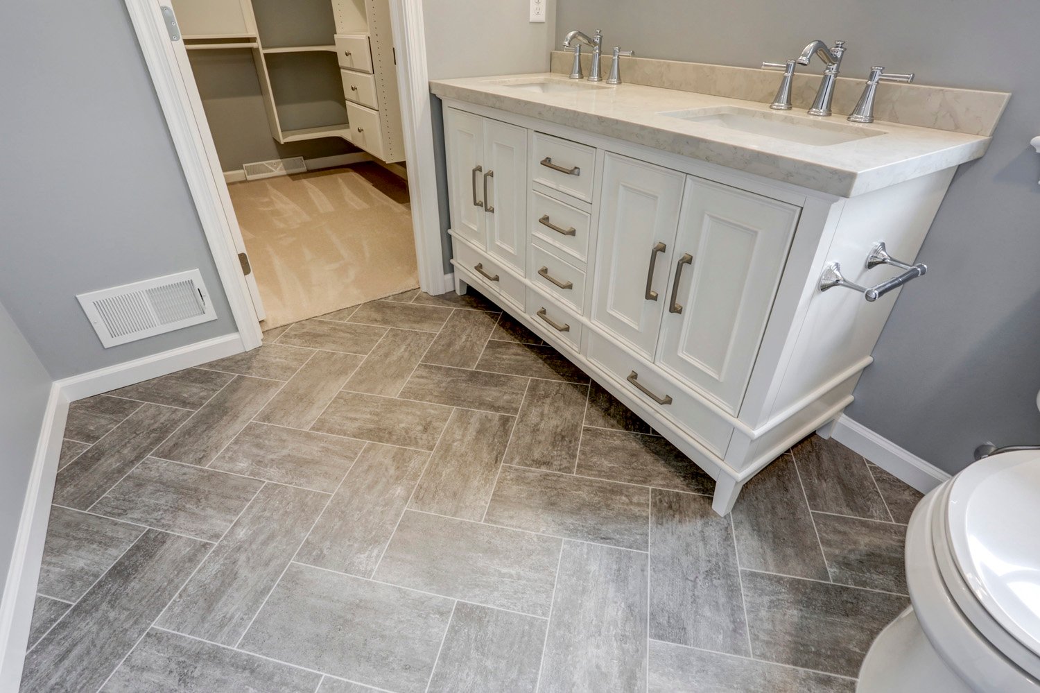 Leola Master Bathroom Addition with gray flooring