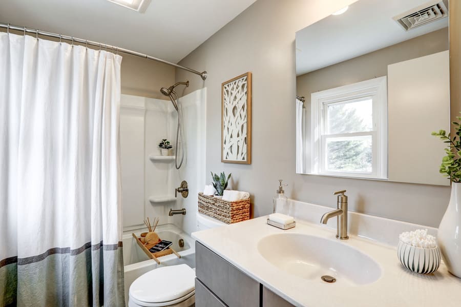 Gray vanity with white countertop in Manheim Township bathroom remodel