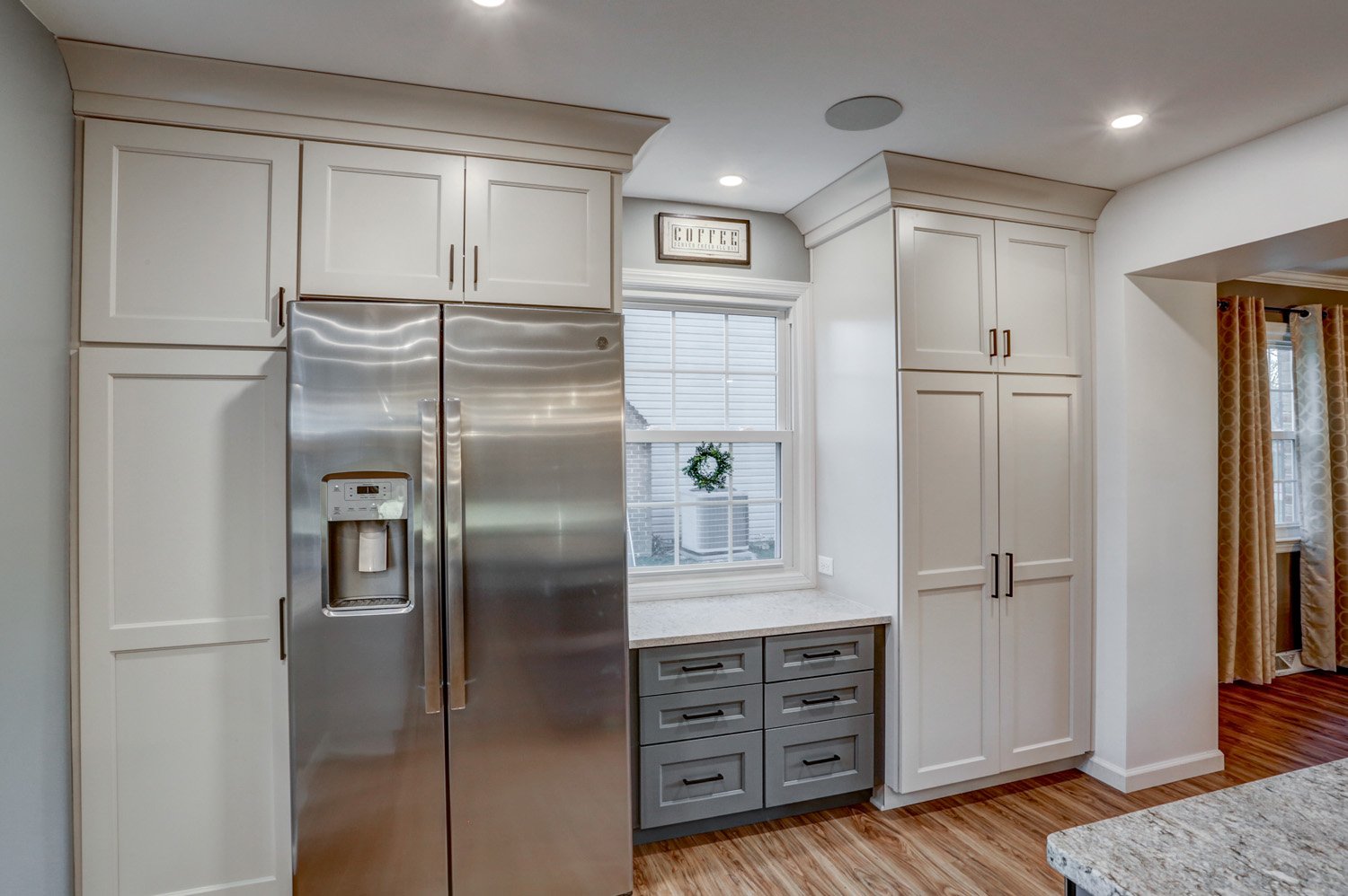 Floor to Ceiling cabinets and stainless steel refrigerator in Manheim Township Kitchen Remodel