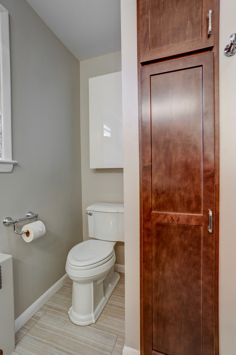 Manheim Township bathroom remodel with maple storage closet