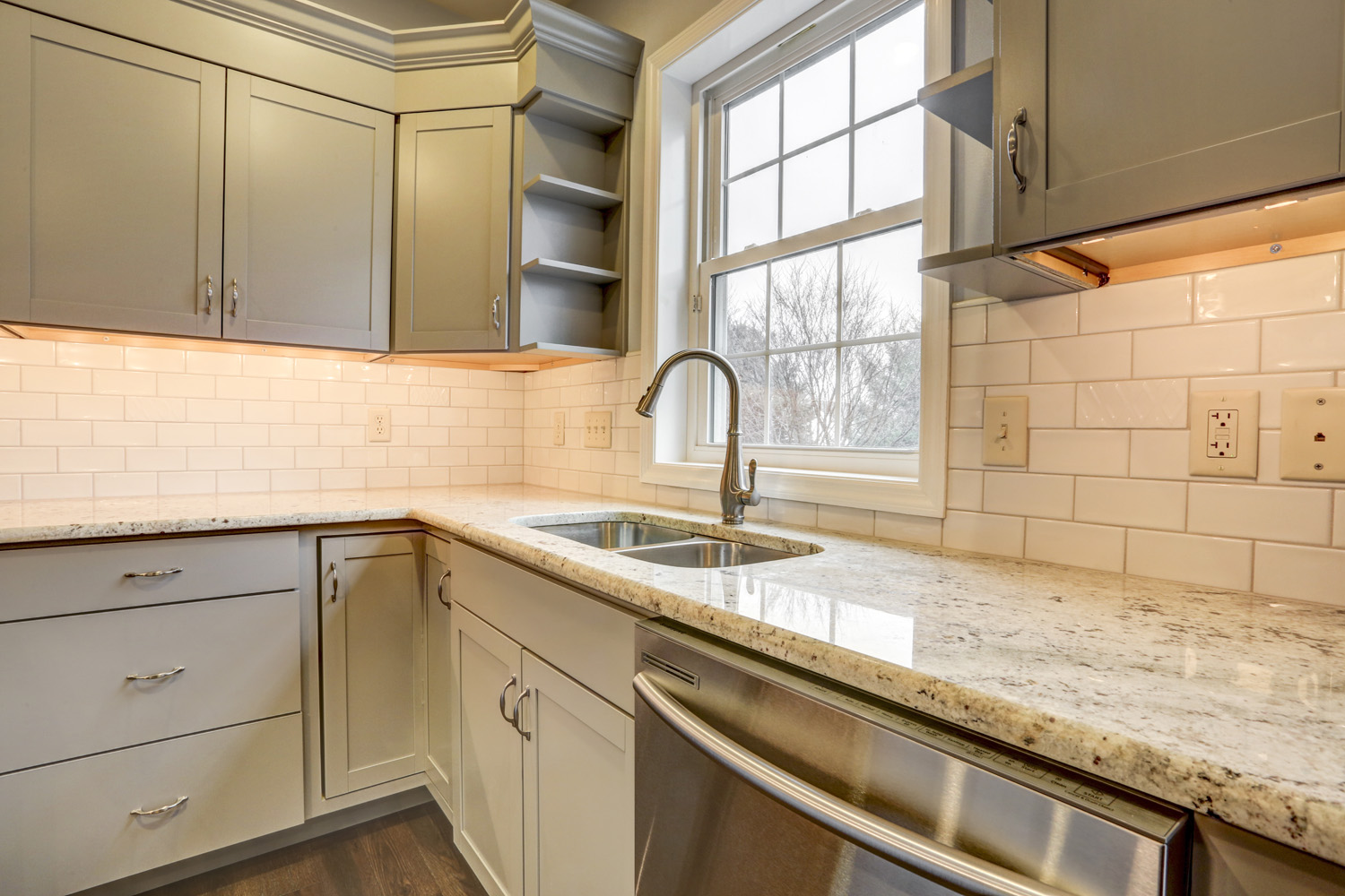 gray Cabinets and side shelving in Marietta Kitchen Remodel