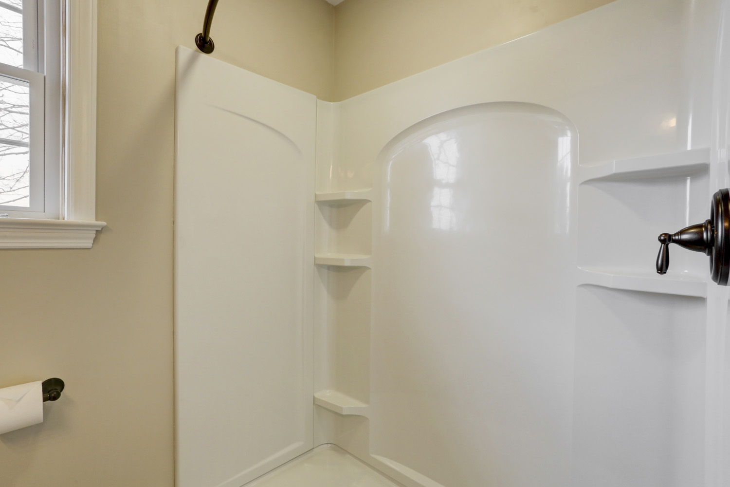 Showering with Shelves in Millersville Double Bathroom Remodel