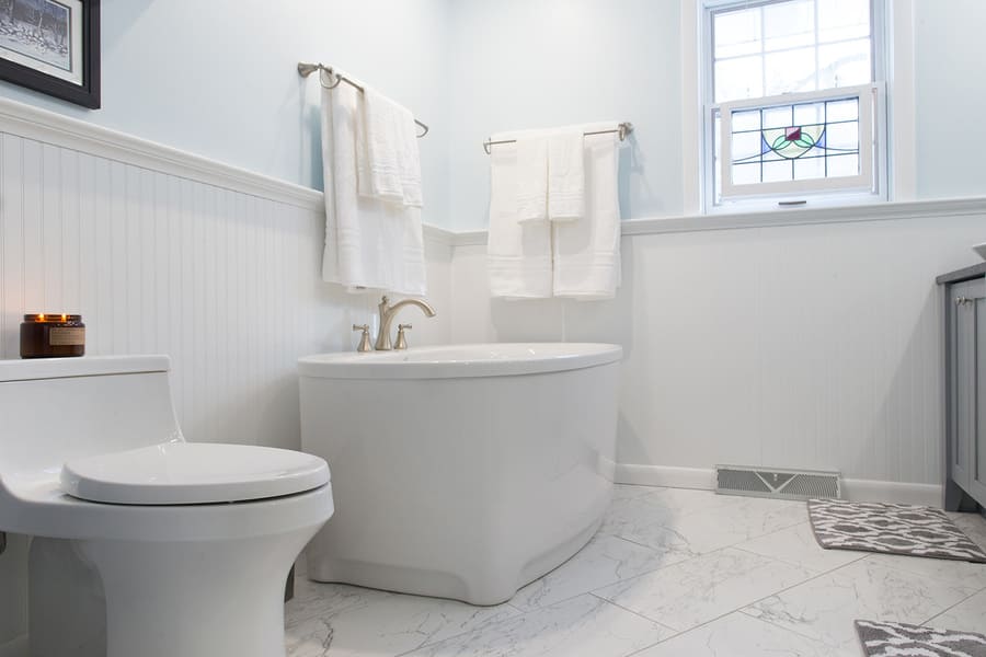 Freestanding tub in corner of Millersville Master Bathroom Remodel