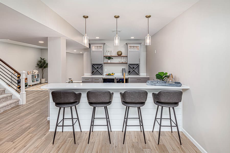 bar with bar seating in Manheim Township Basement Remodel