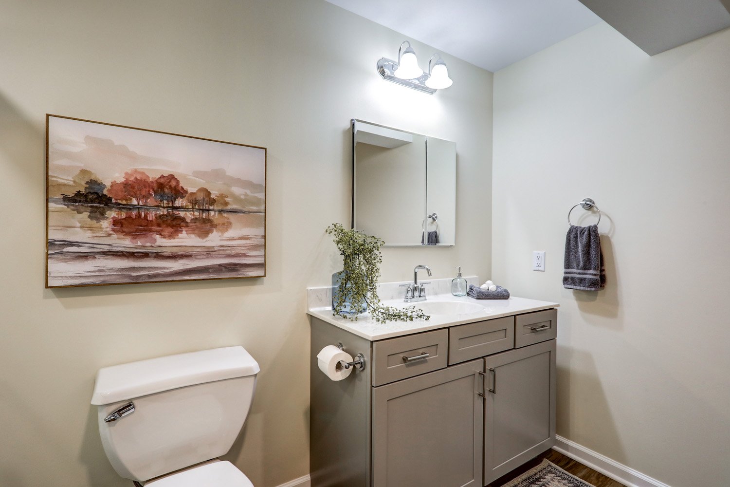 Gray vanity with marble countertop in Manheim Basement Remodel