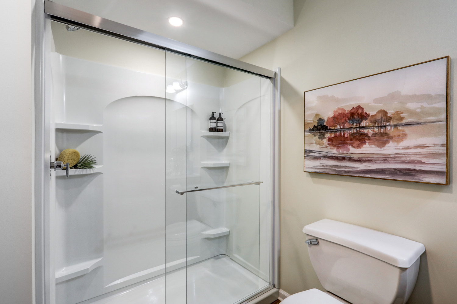 Shower with sliding door in Manheim Basement Remodel