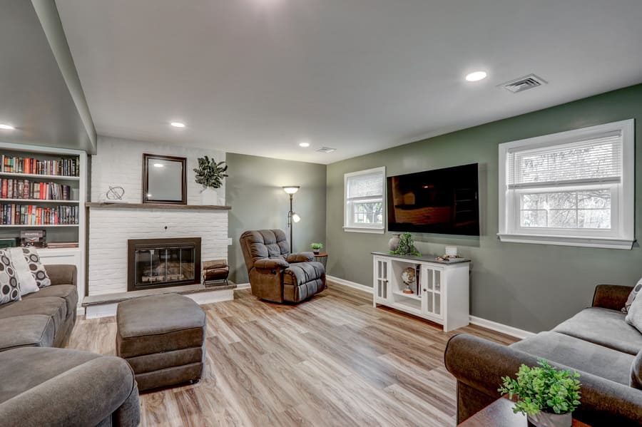 Lititz Basement remodel with LVP flooring and fireplace