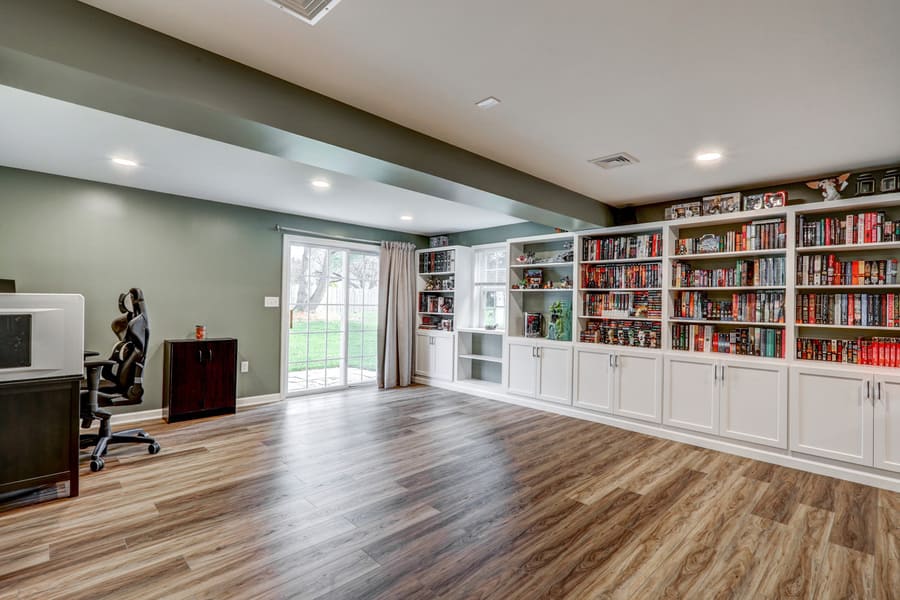 Lvp and built in shelves in Lititz Basement Remodel