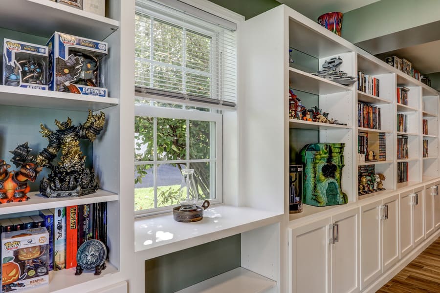 Lititz Basement Remodel with custom built in shelves