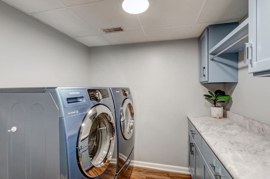 Lititz Basement Remodel with blue cabinets