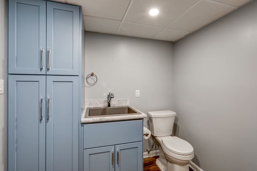 blue cabinets in Lititz Basement Remodel