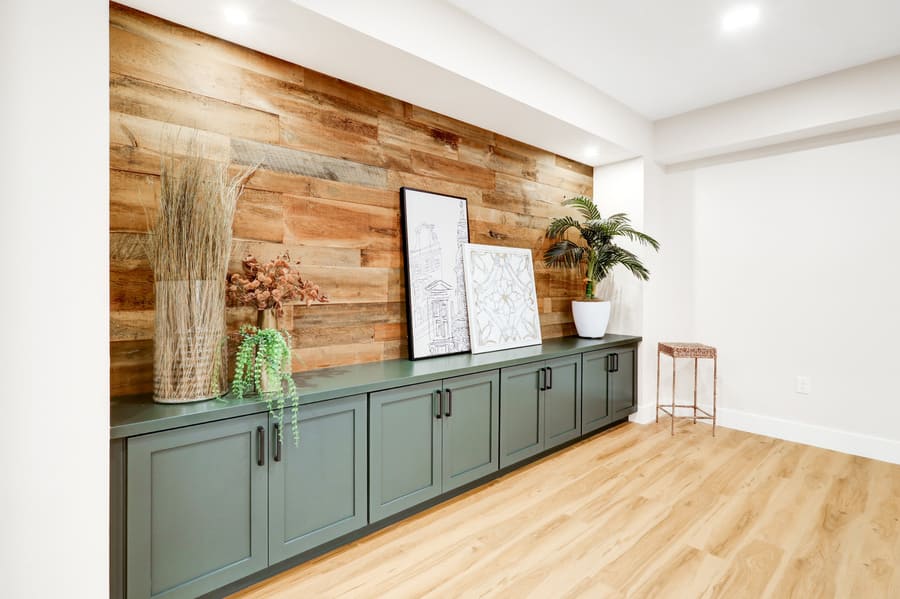 Lititz Basement Remodel with wooden accent wall