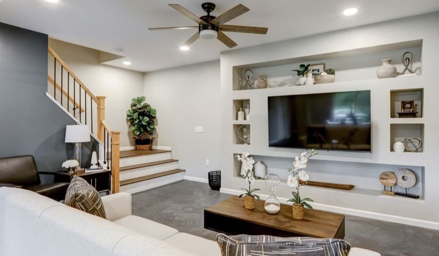 Entertainment area in Washington Boro basement remodel