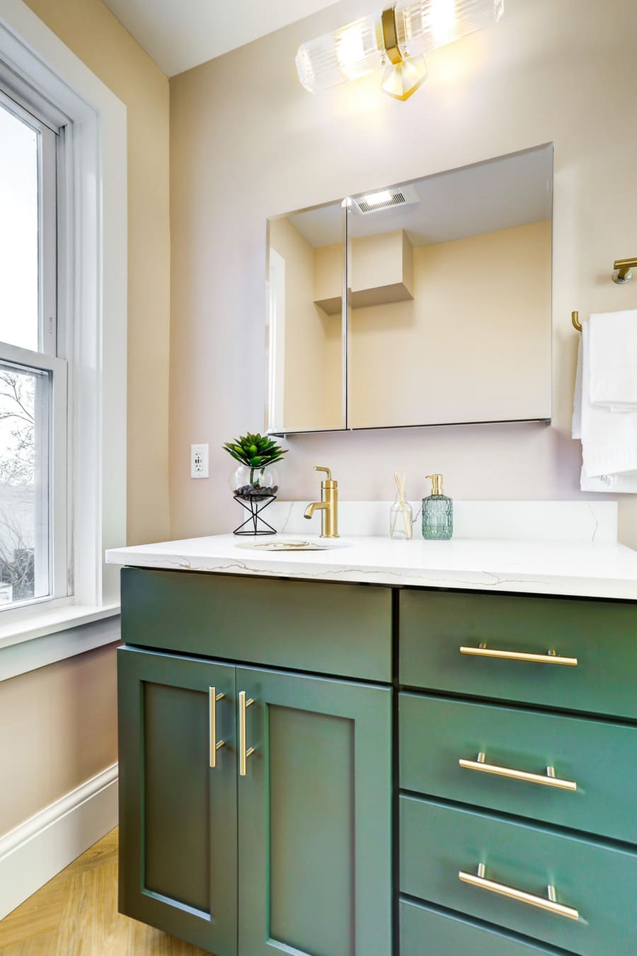 green vanity in Lancaster Primary Bathroom Remodel