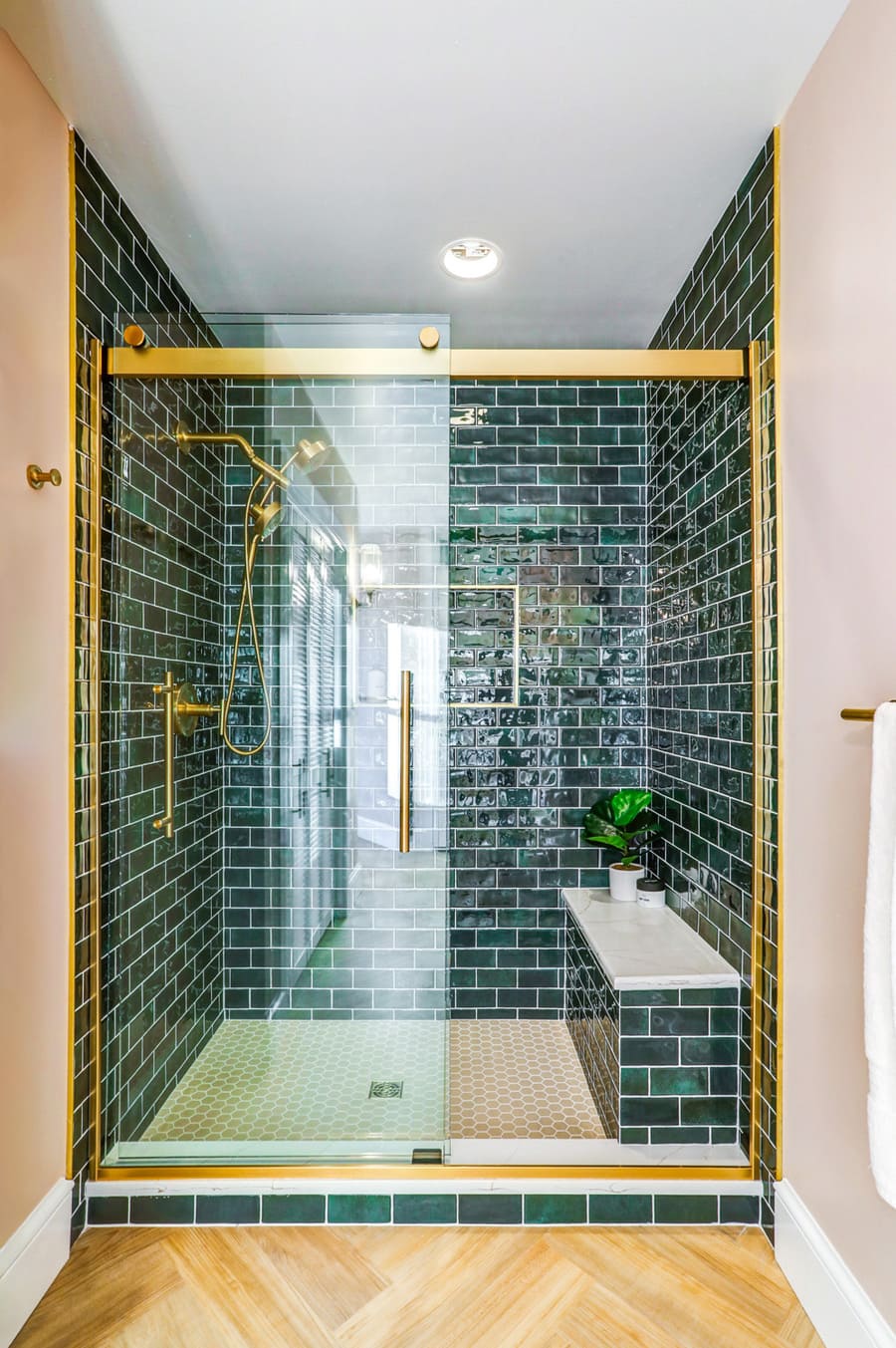 green tile shower in Lancaster Primary Bathroom Remodel