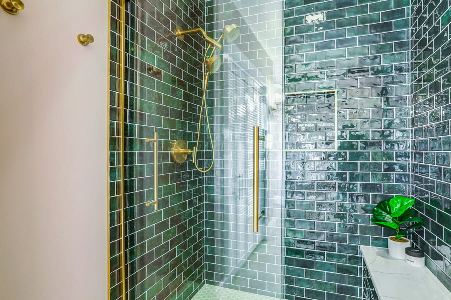 shower with green tile in Lancaster Primary Bathroom Remodel