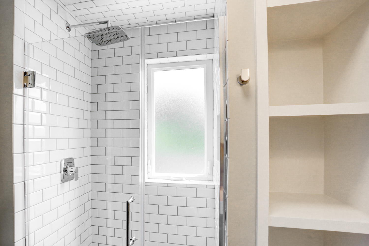 Exposed shelves in Lancaster City Bathroom Remodel