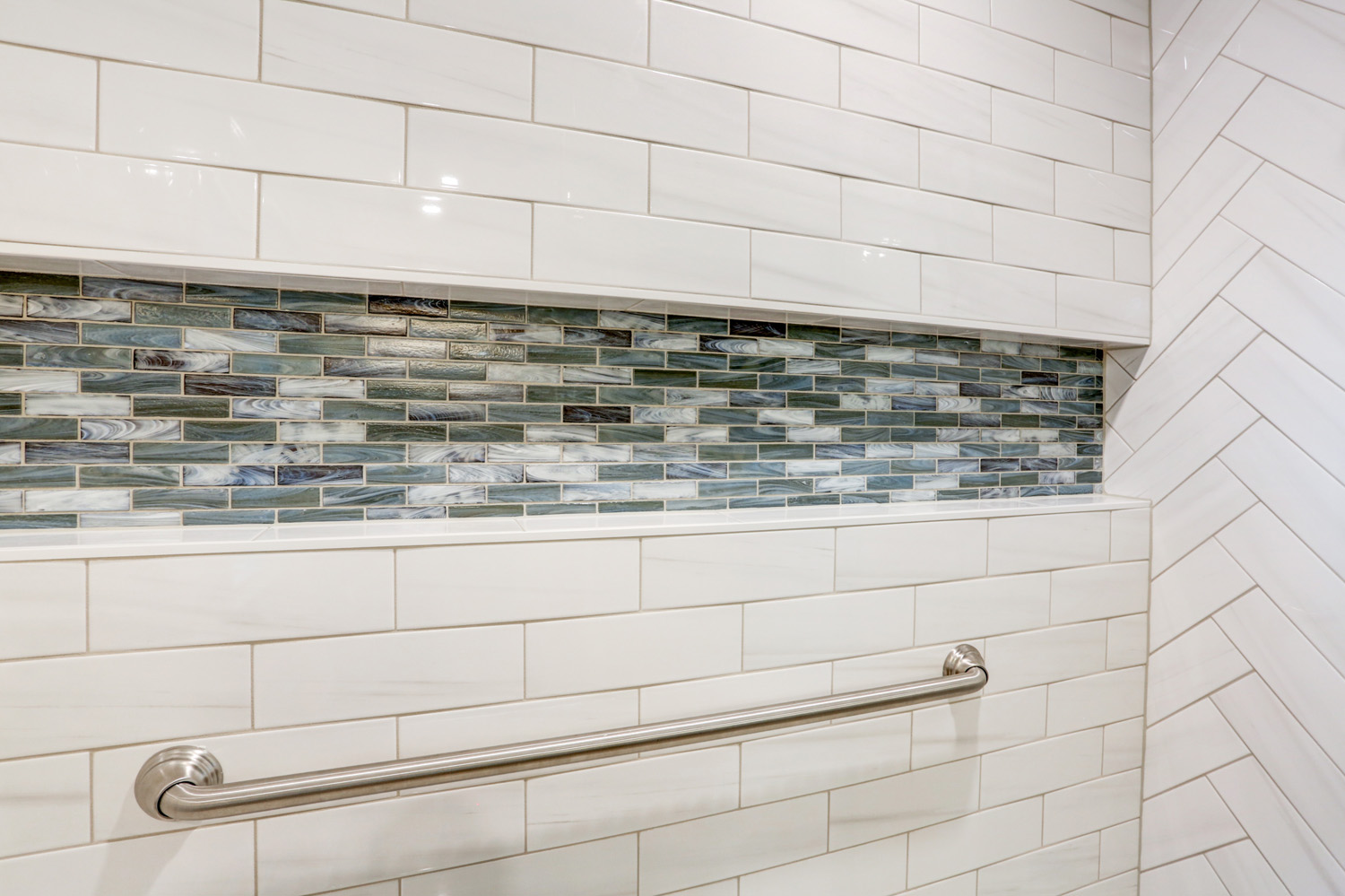 Tile Shower Niche with Grab Bar in Conestoga Valley Master Bathroom Remodel