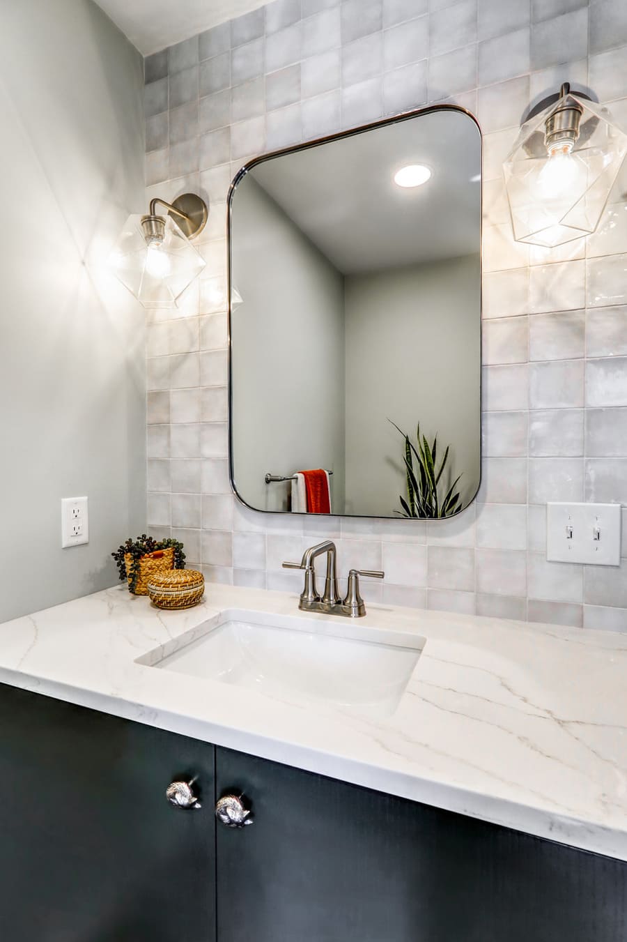Rohrerstown Bathroom Remodel with quartz countertop and pendant lights