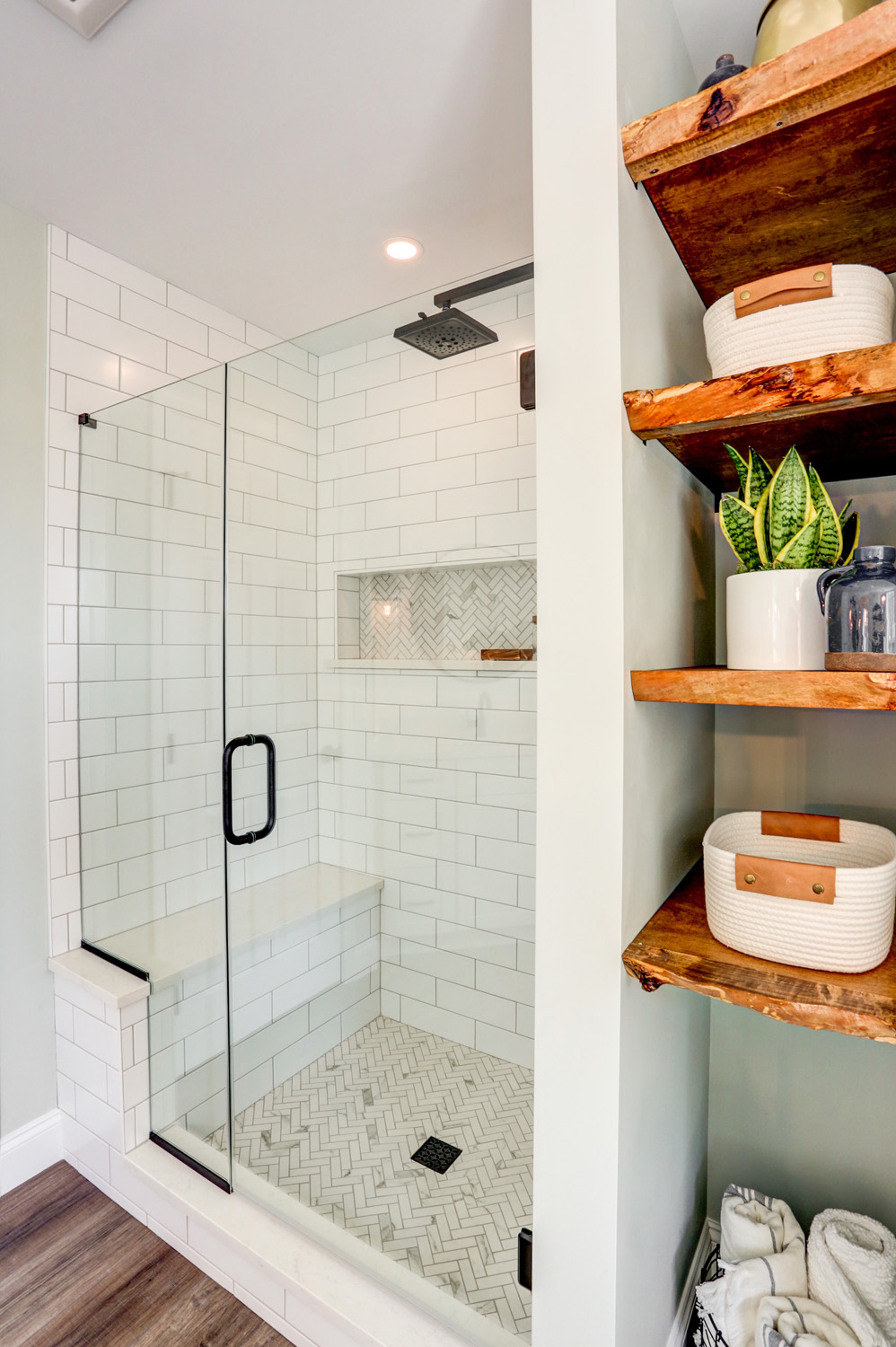 Tile shower and exposed shelves in Landisville Master Bathroom Remodel