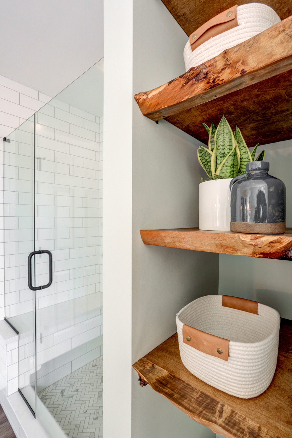 Wooden exposed shelves in Landisville Master Bathroom Remodel