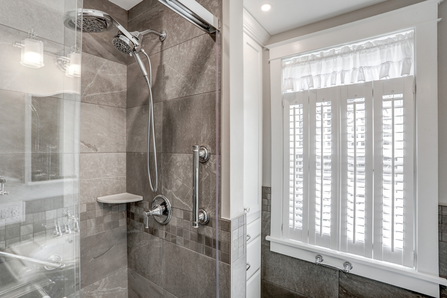 Chrome shower head in Manheim township bathroom remodel