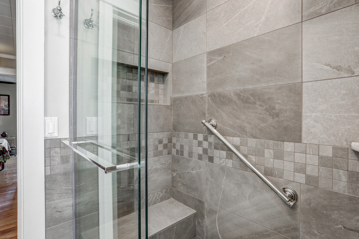 Manheim township bathroom remodel with grab bars in shower