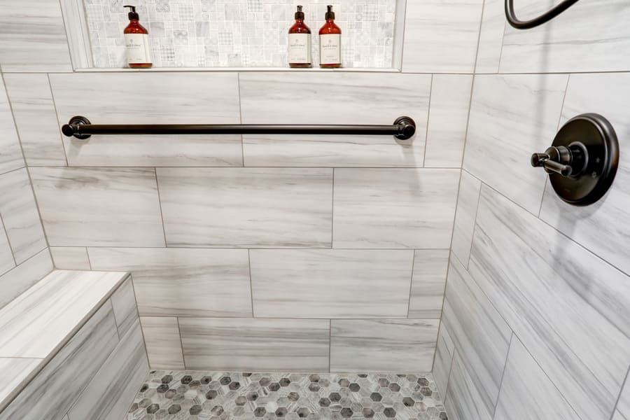 tile shower with grab bar in Manheim Township Master Bathroom Remodel
