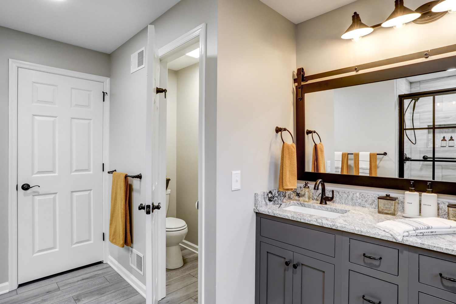 Manheim Township Bathroom with gray vanity and toilet room