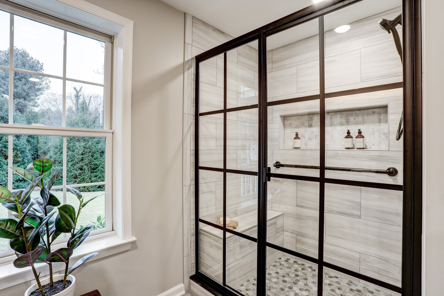 Manheim Township Bathroom with gird sliding shower doors 